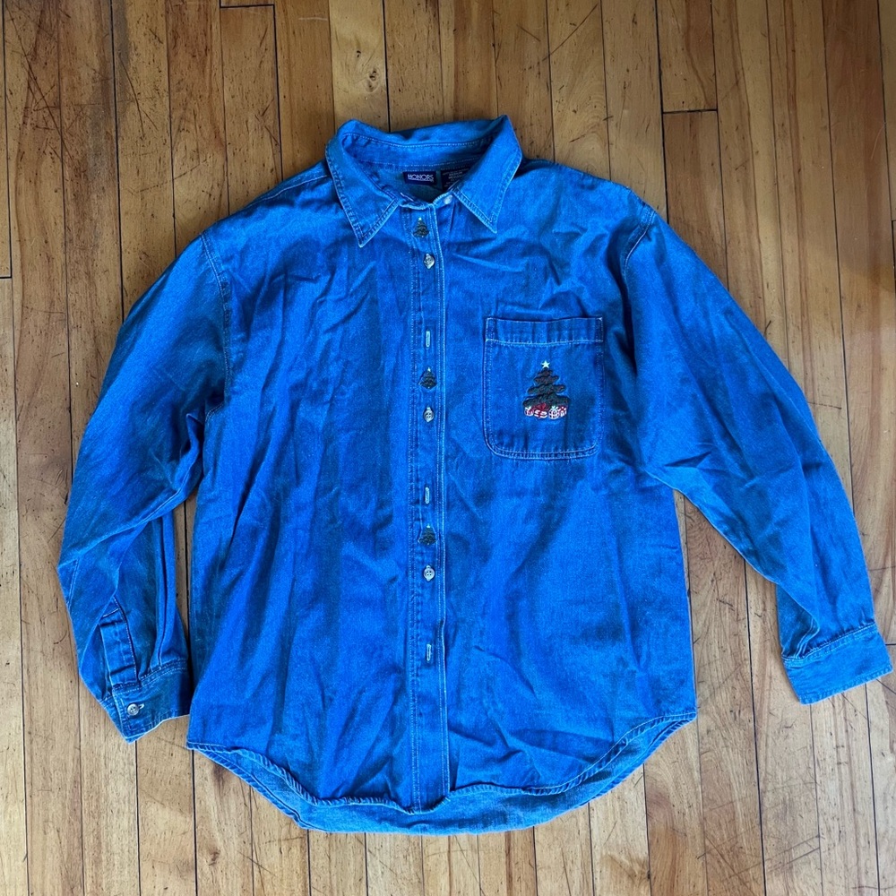 Vintage Honors cotton blue denim embroidered Christmas tree button‎ down shirt M